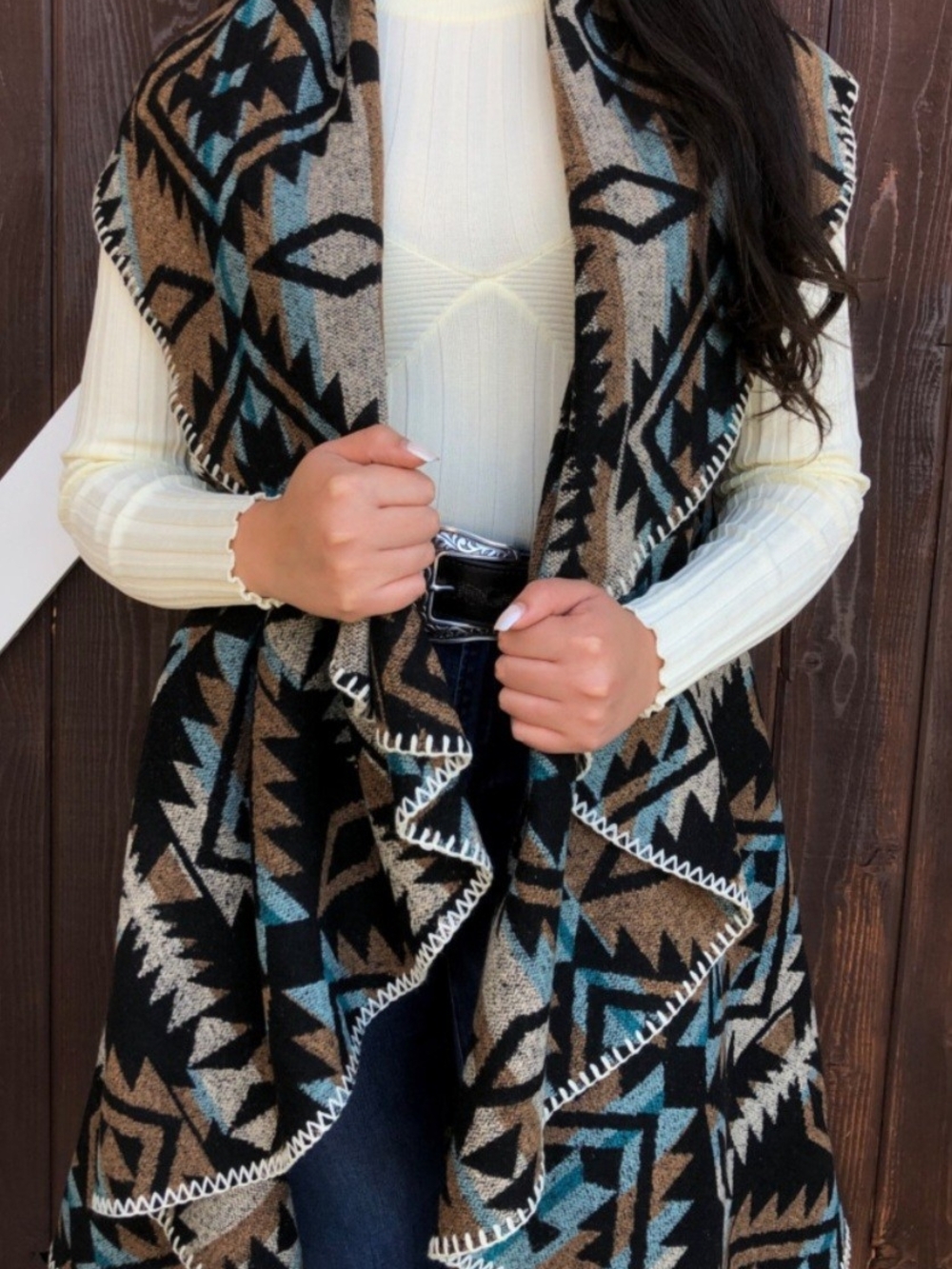 Aztec Pattern Open Front Poncho Vest - Black & Tan
